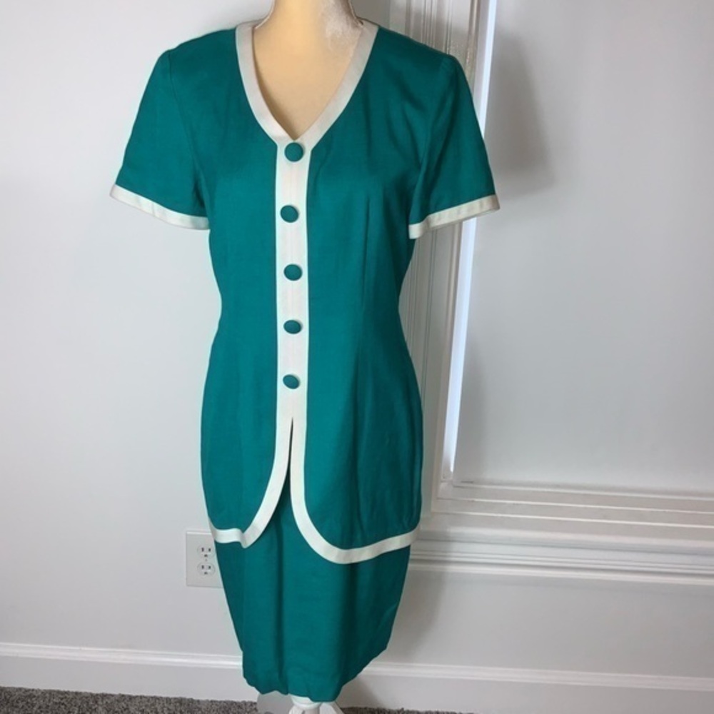Vintage Donna Ricco Green and White Retro Midi Short Sleeve Dress Size 6